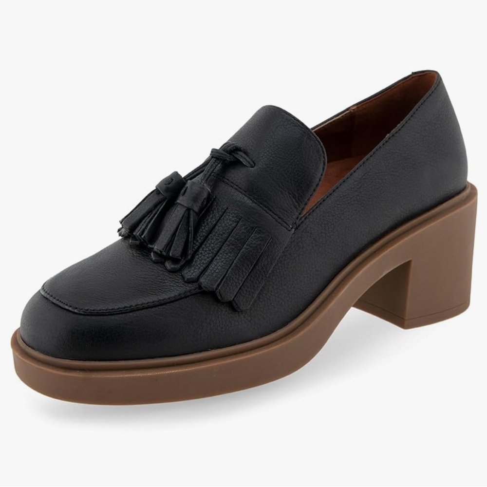 Aerosoles Black Leather Gibes Block Heel Loafer Size 10